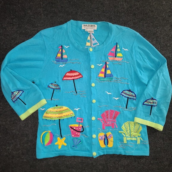 Jack B Quick Petite PM Vintage 90s 3D Embroidered Beach Day Cardigan Grandmacore - Picture 1 of 8